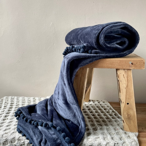 Throw Pom Pom Fleece Slate Navy Blue 130x170cm Liv s Solihull